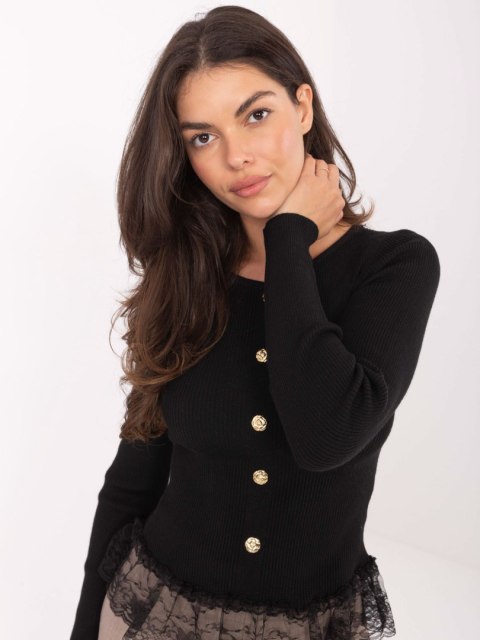 Sweter elegancki prążkowany z koronką i falbaną czarny