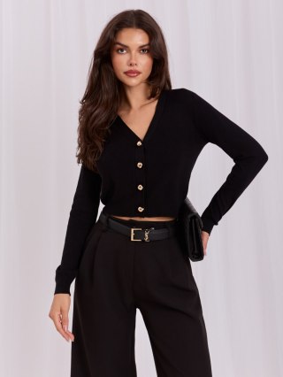Sweter elegancki krótki z dekoltem V i guzikami czarny