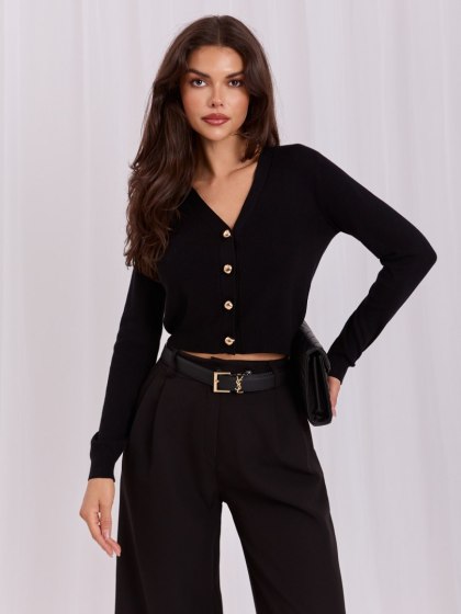 Sweter elegancki krótki z dekoltem V i guzikami czarny