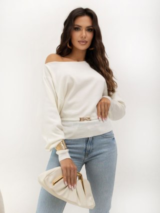 Sweter damski elegancki dekolt łódka z paskiem ecru