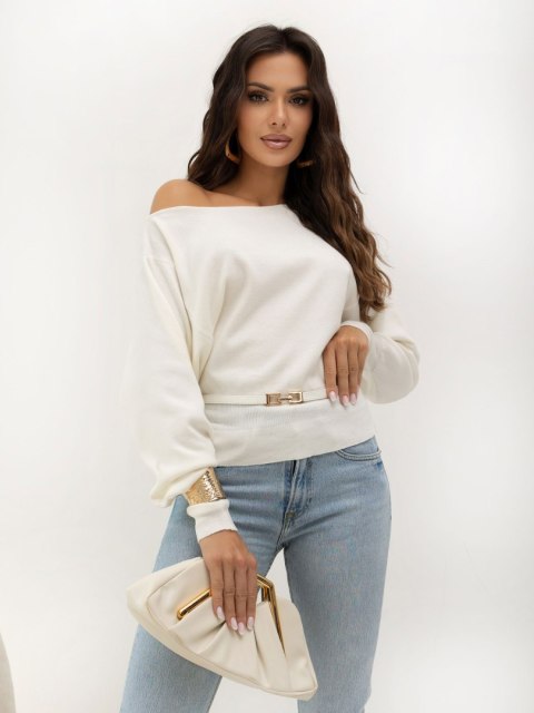 Sweter damski elegancki dekolt łódka z paskiem ecru