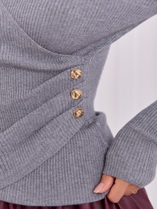 Sweter damski kopertowy z błyszczącą nitką prążkowany ciemnoszary