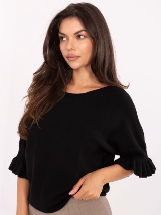Sweter elegancki z falbaną i rękawem 3/4 czarny