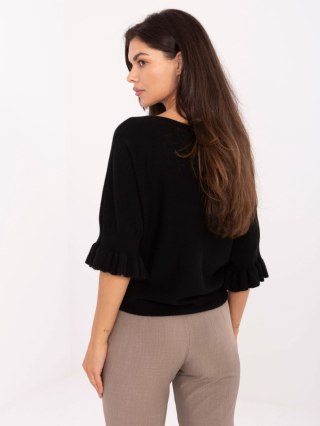 Sweter elegancki z falbaną i rękawem 3/4 czarny
