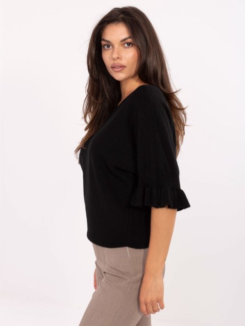Sweter elegancki z falbaną i rękawem 3/4 czarny