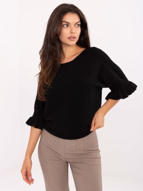 Sweter elegancki z falbaną i rękawem 3/4 czarny