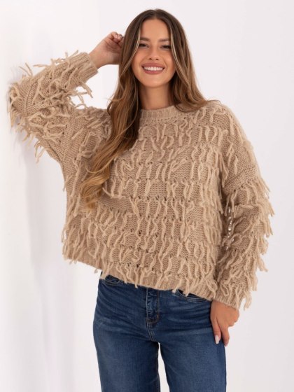 Sweter boho z frędzlami beżowy