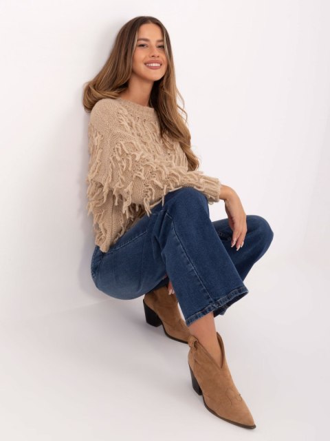 Sweter boho z frędzlami beżowy