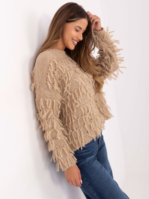 Sweter boho z frędzlami beżowy