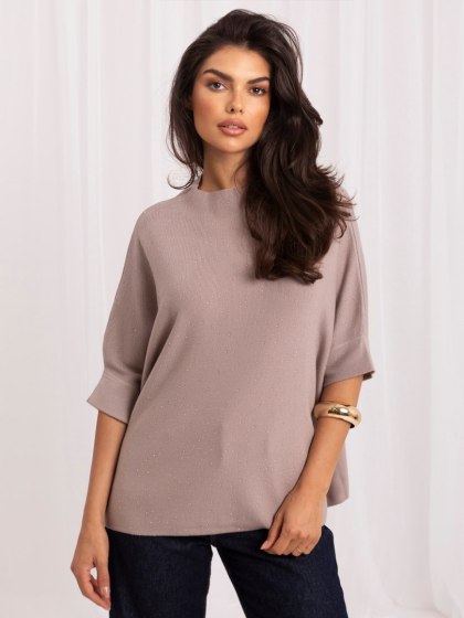 Sweter damski zdobiony dżetami ciemnyobezowy