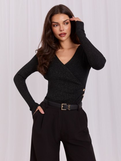 Sweter damski kopertowy z błyszczącą nitką prążkowany czarny