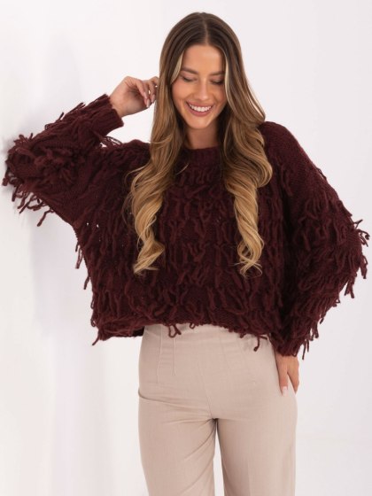 Sweter boho z frędzlami bordowy