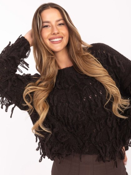 Sweter boho z frędzlami ciemnobrązowy