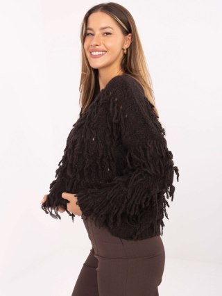 Sweter boho z frędzlami ciemnobrązowy