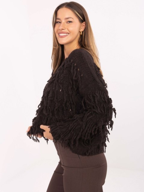 Sweter boho z frędzlami ciemnobrązowy