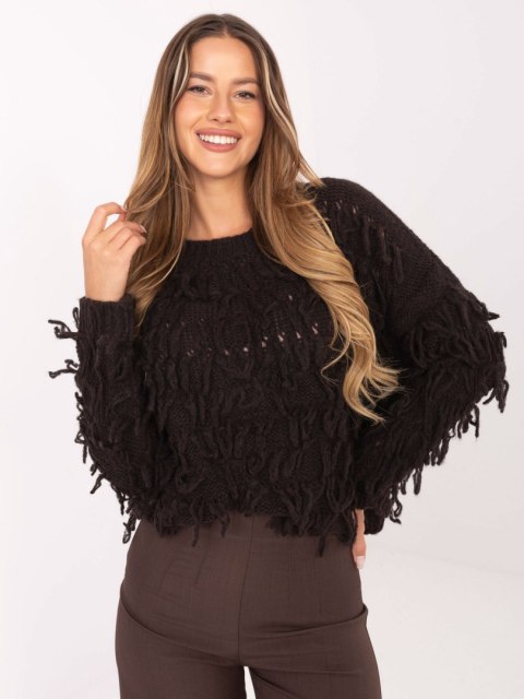 Sweter boho z frędzlami ciemnobrązowy