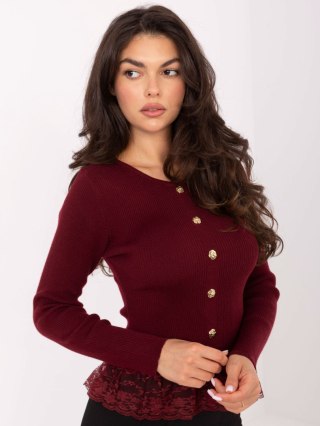 Sweter elegancki prążkowany z koronką i falbaną bordowy