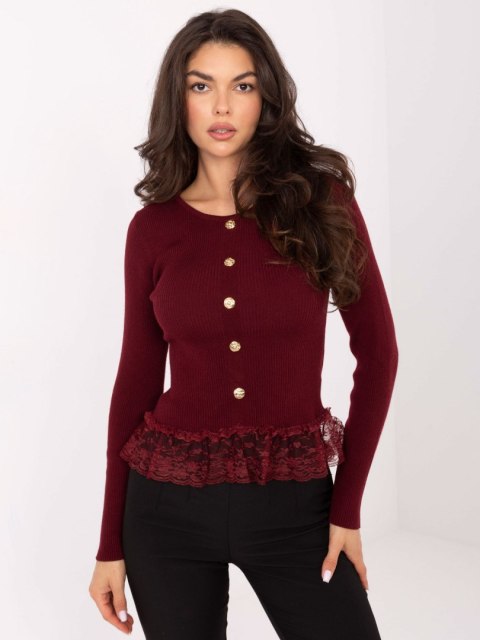 Sweter elegancki prążkowany z koronką i falbaną bordowy