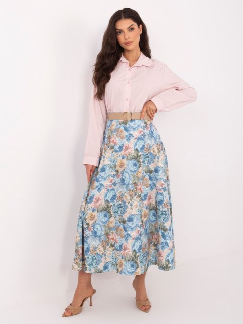 Elegancka spódnica midi w kwiaty z paskiem jasnyoniebieska