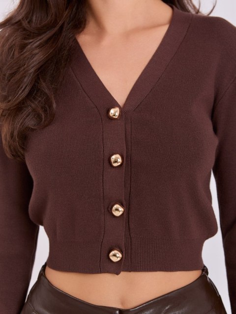 Sweter elegancki krótki z dekoltem V i guzikami brązowy
