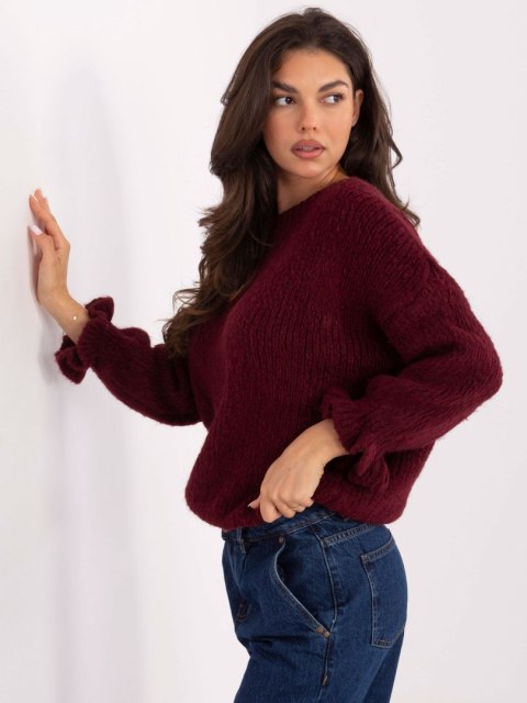 Sweter z falbaną oversize z wełną bordowy