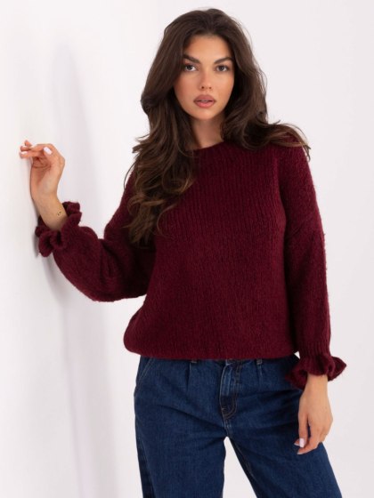 Sweter z falbaną oversize z wełną bordowy