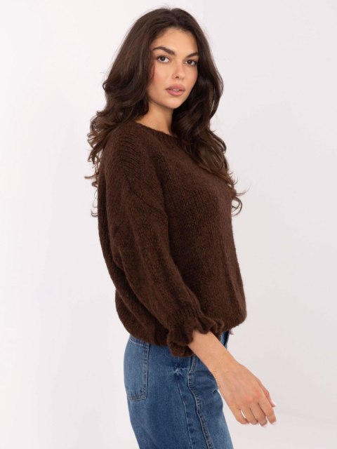 Sweter z falbaną oversize z wełną ciemnobrązowy