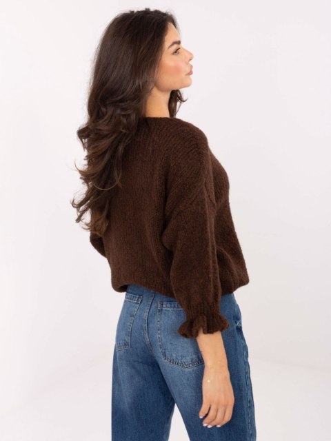 Sweter z falbaną oversize z wełną ciemnobrązowy