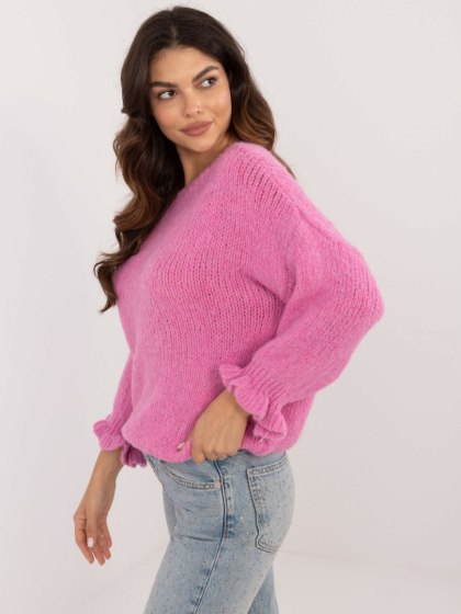 Sweter z falbaną oversize z wełną różowy