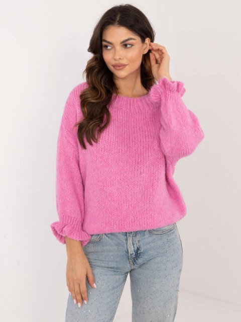 Sweter z falbaną oversize z wełną różowy