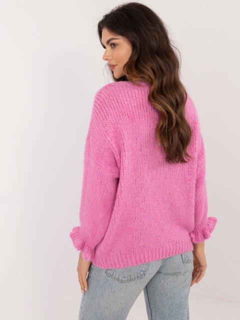 Sweter z falbaną oversize z wełną różowy