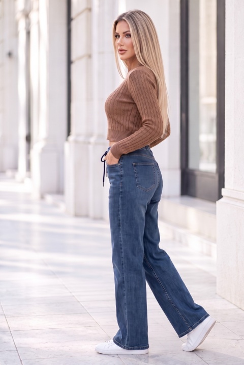 Spodnie jeans wide leg - prosta nogawka z gumką w pasie