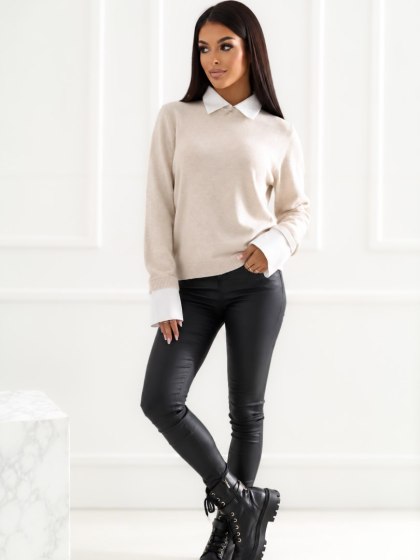 Elegancki sweter z kołnierzykiem polo beżowy