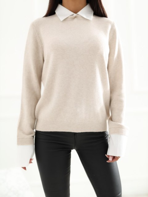 Elegancki sweter z kołnierzykiem polo beżowy