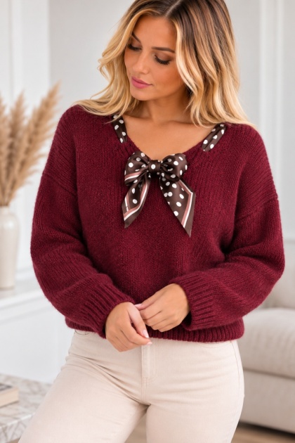 Sweter z ozdobną apaszką bordowy