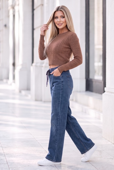 Spodnie jeans wide leg - prosta nogawka z gumką w pasie