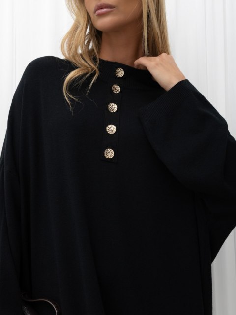 Elegancka sukienka dzianinowa midi oversize ze stójką i guzikami czarna